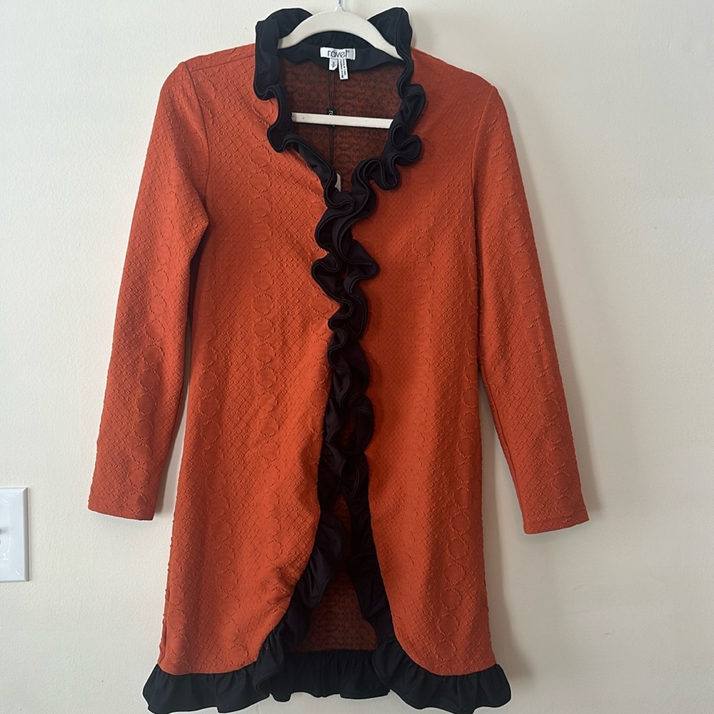 Ravel Chili color black ruffled trim lightweight cardigan sweater Sz S